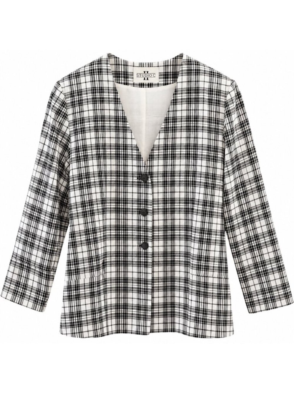Studio C Womens Black & White Plaid Button-Front Blazer Jacket Size 20 USA Made